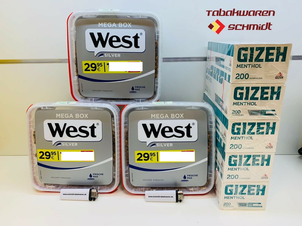3x West Silver Mega Box 120g mit 1000 GIZEH Menthol Kingsize-Filterhülsen